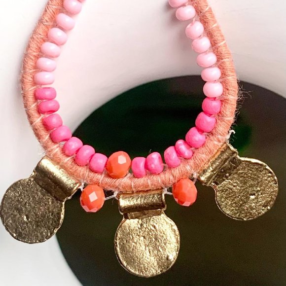 Artisanal Pink Seed Bead Thread Wrapped Teardrop Dangle Earrings Gold Accents - Picture 3 of 4